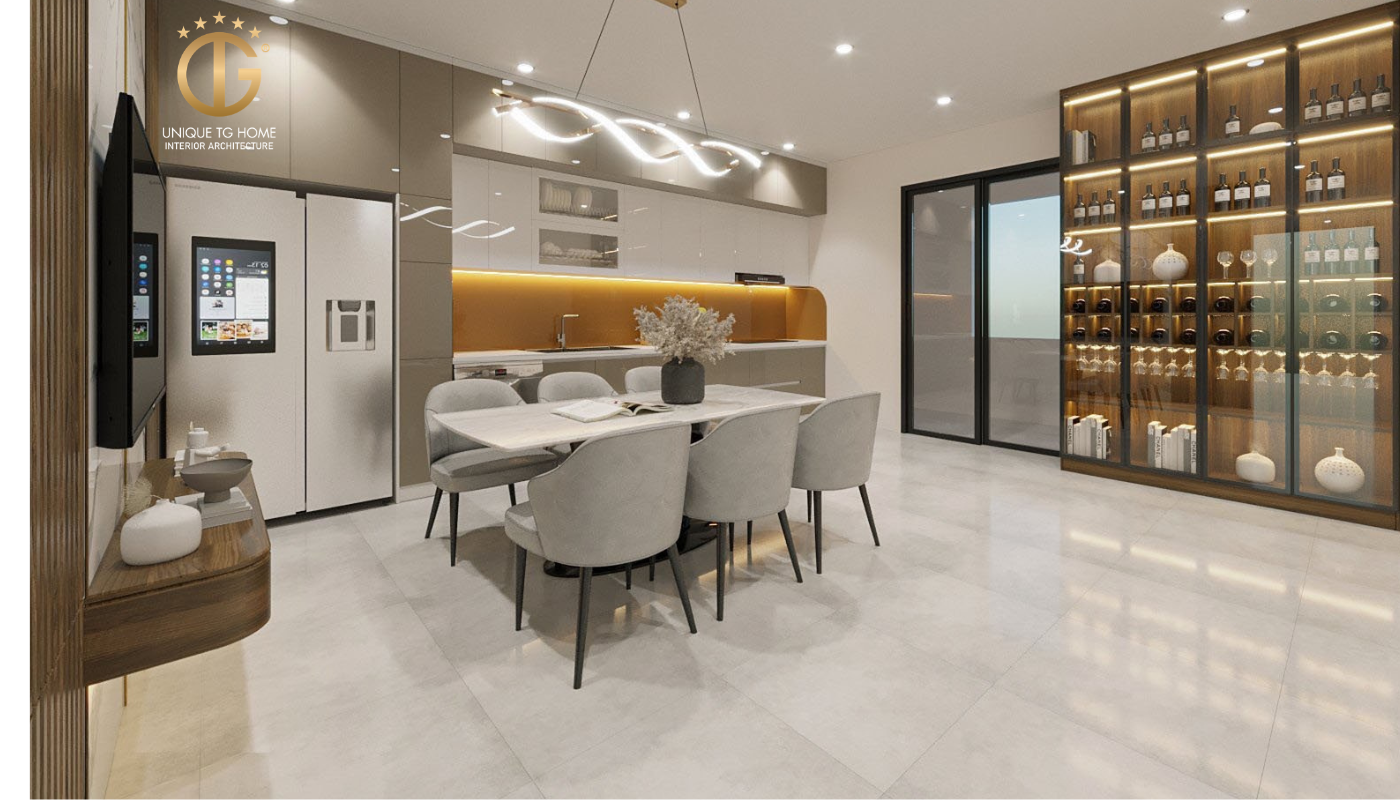 Kim loại và kính cường lực là vật liệu thi công nhà giúp tạo điểm nhấn cho căn phòng